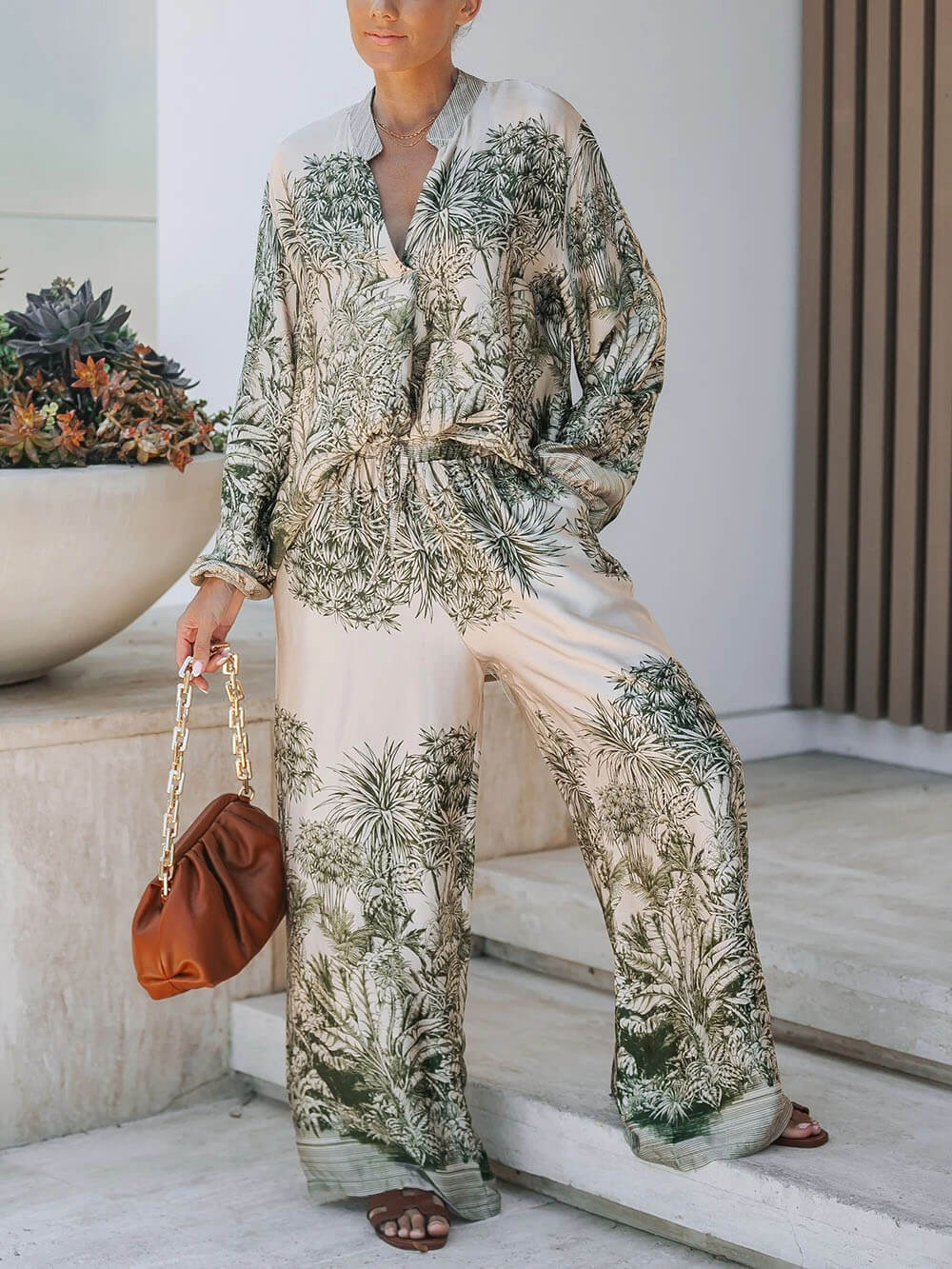 Casual Palm Leaf Print Elastic Waist Wide-Leg Pants