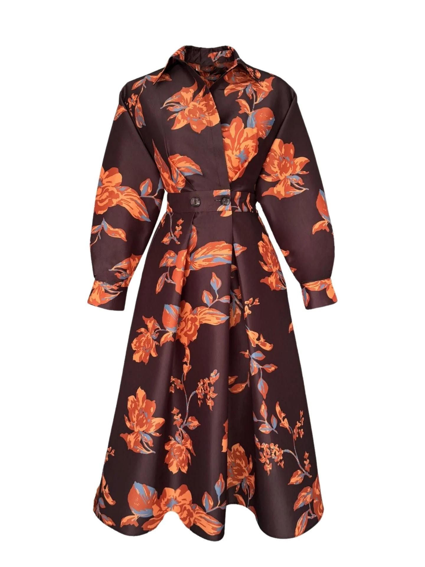 Retro Lapel Floral Print A-Line Midi Dress