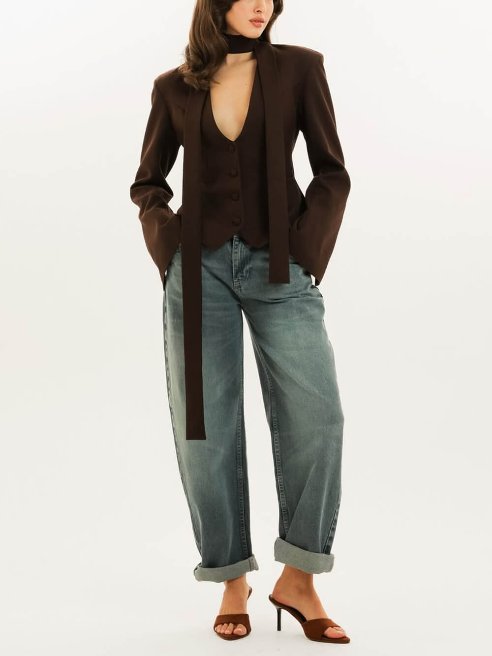 Fashion Solid Color V-Neck Scarf-Trimmed Long Sleeve Blazer