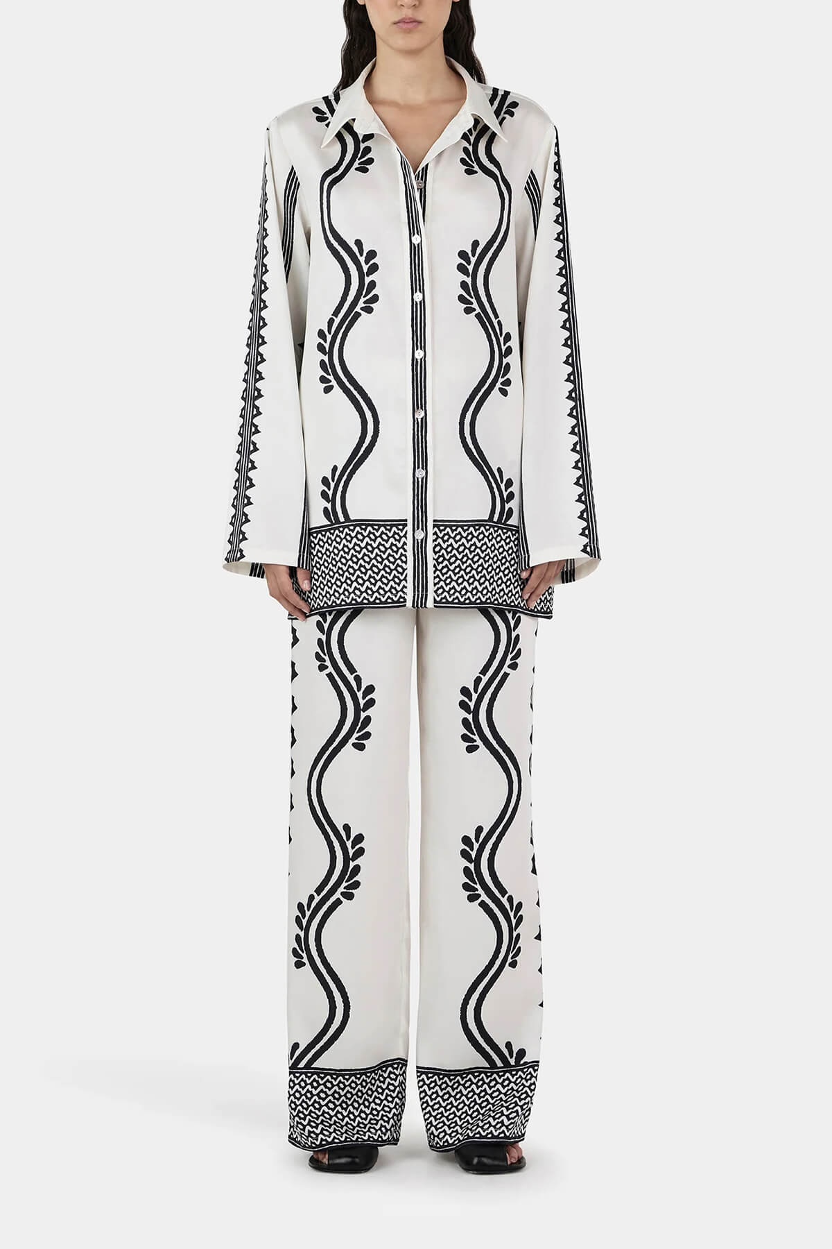 Retro Geometric Wave Print Elastic Drawstring Straight Leg Trousers