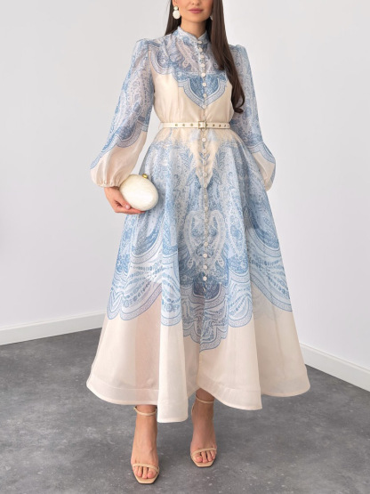 Exquisite Paisley Print Shirt A-Line Maxi Dress