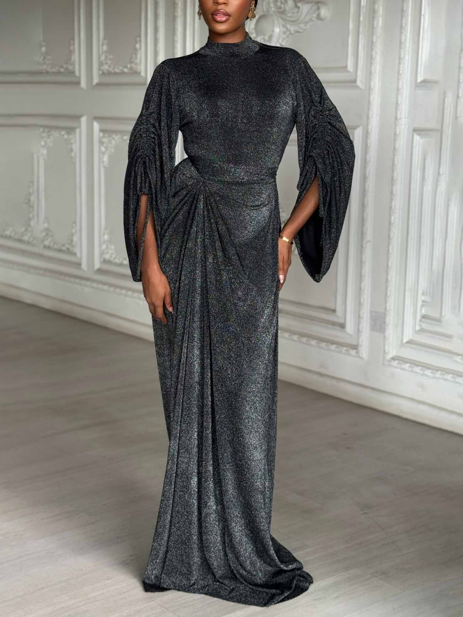 Elegant Metallic Knit Drawstring Sleeve Maxi Dress