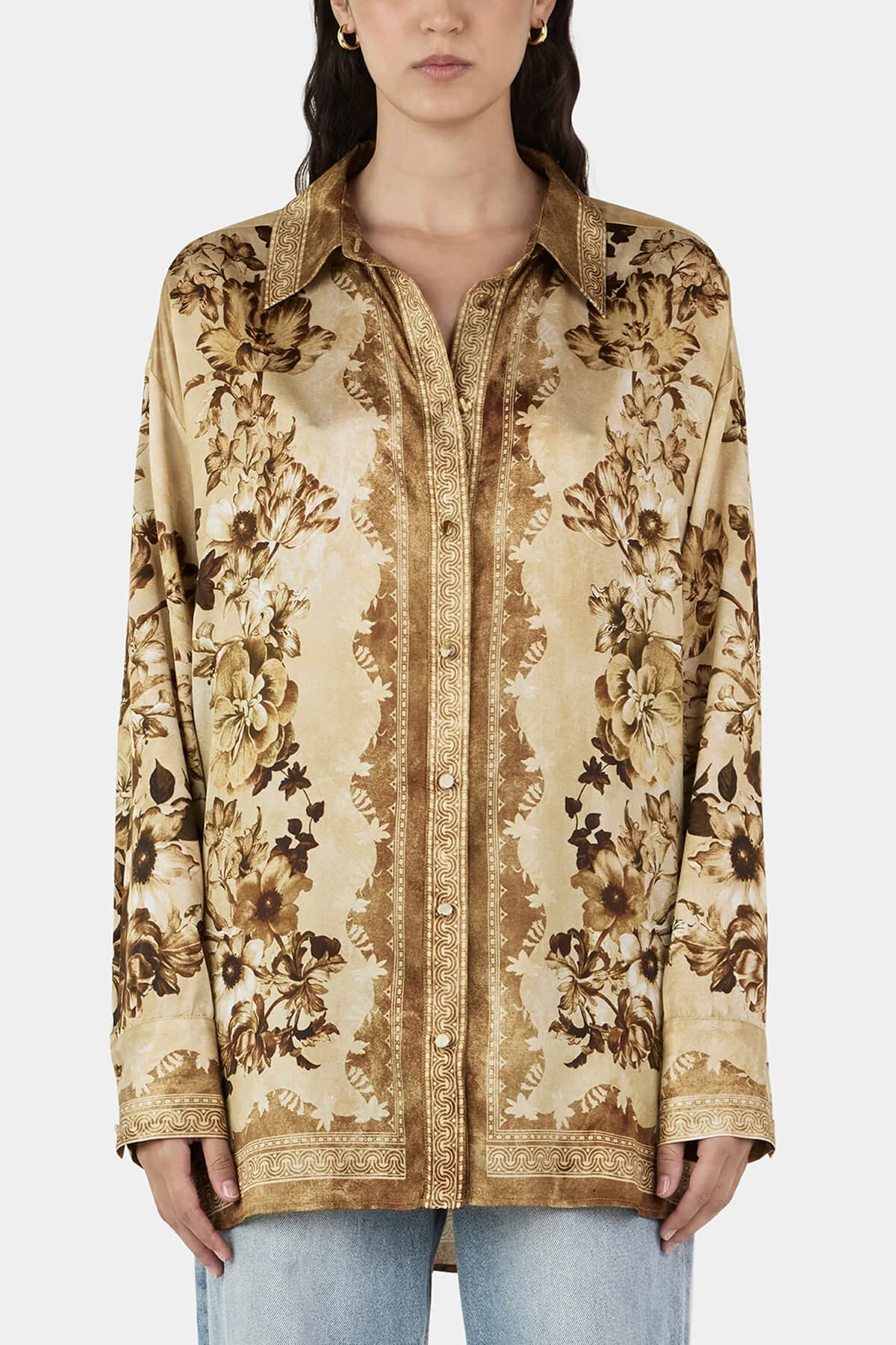 Unique Modern Floral Print Loose-Fitting Button-Down Shirt