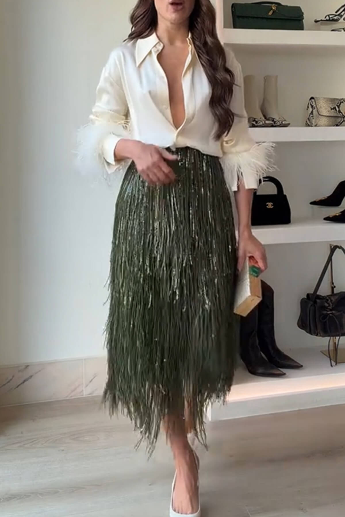 Exquisite Feather-Trim Button-Up Shirt And Sequin Fringe Skirt Set