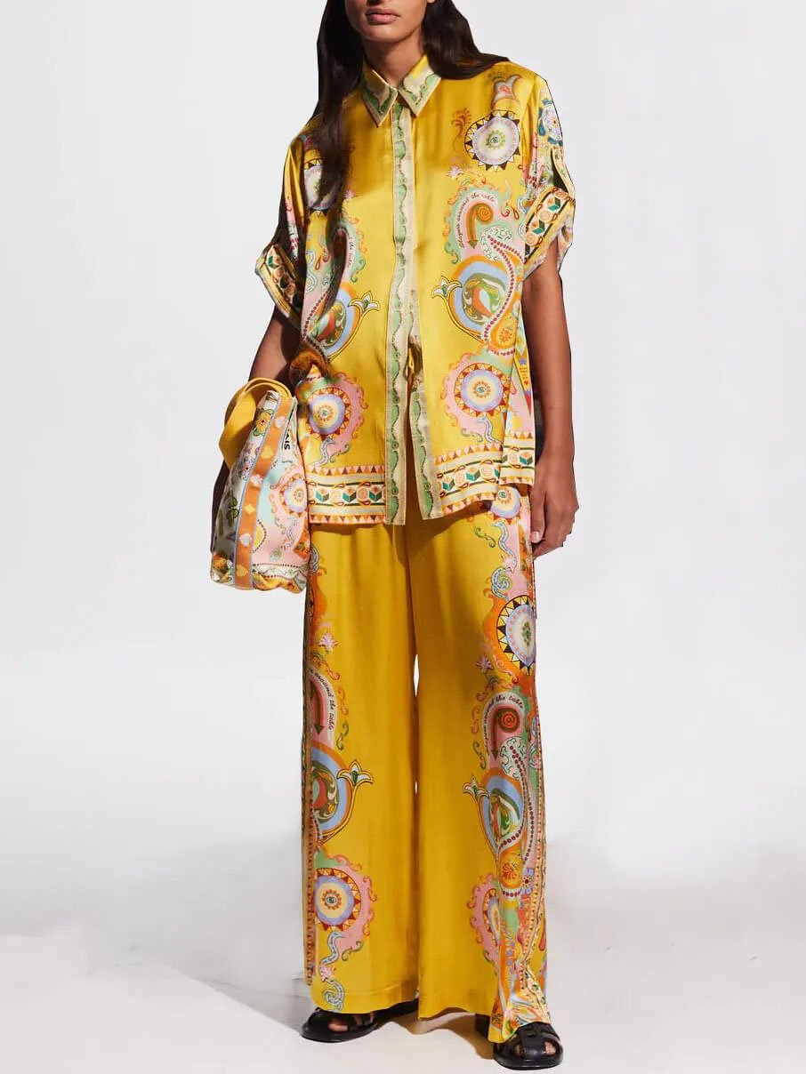 Sophisticated Satin Unique Cashew Flower Print Button Oversized Shirt Two-Piece Set