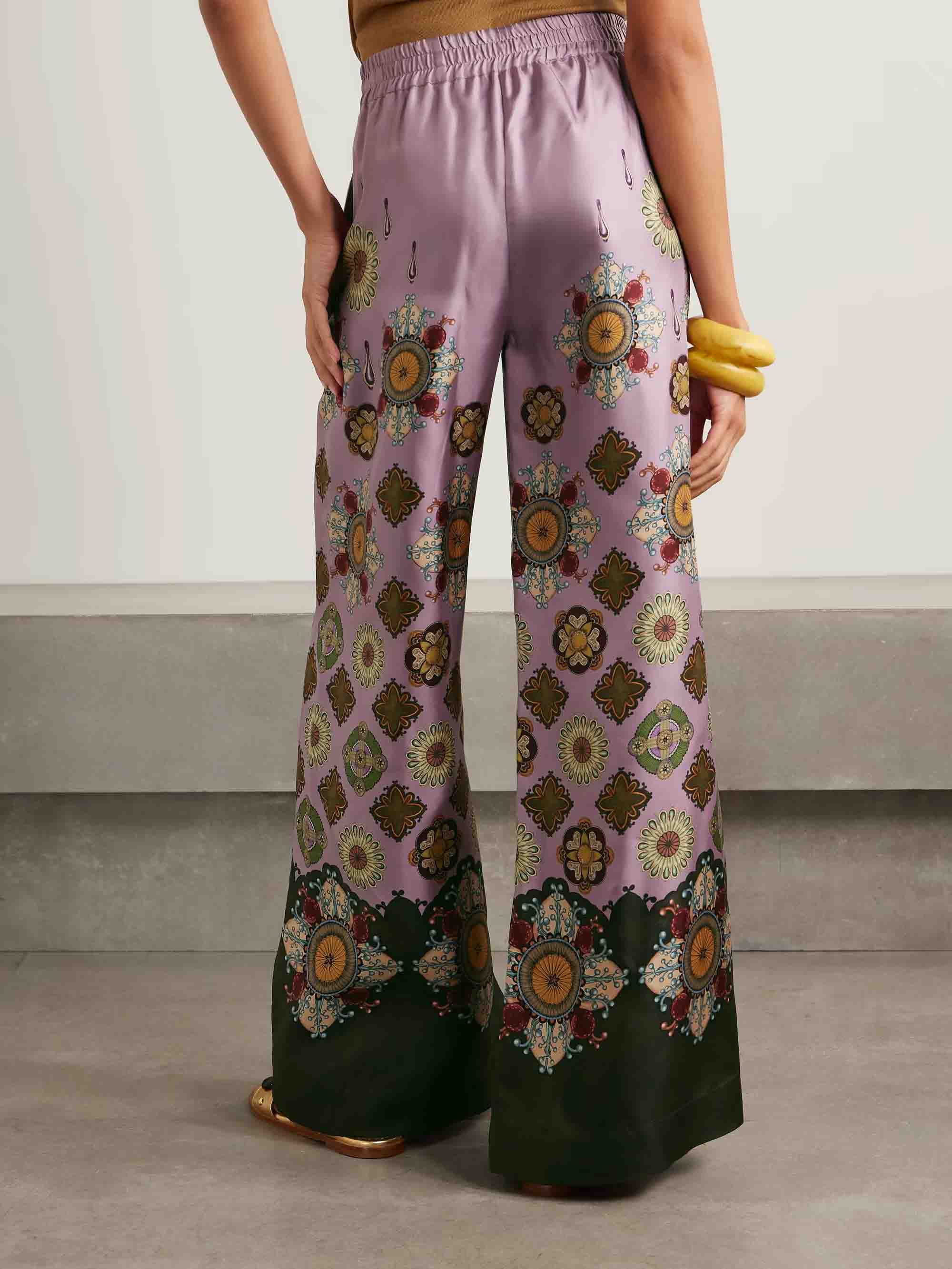 Retro Fine Satin Floral Print Wide-Leg Pants