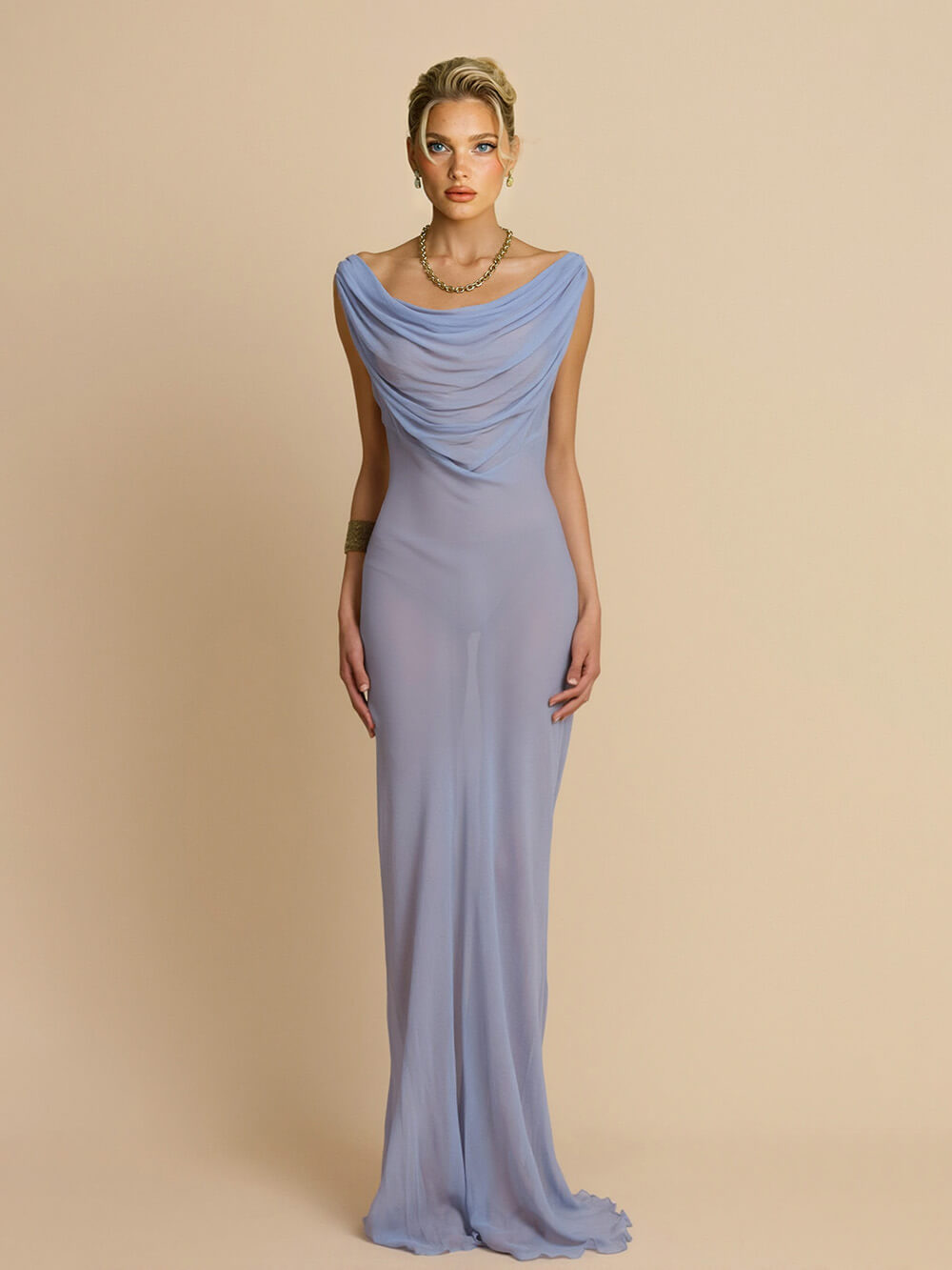 Fashion Mesh Sexy Off-Shoulder Ruched Maxi Dress