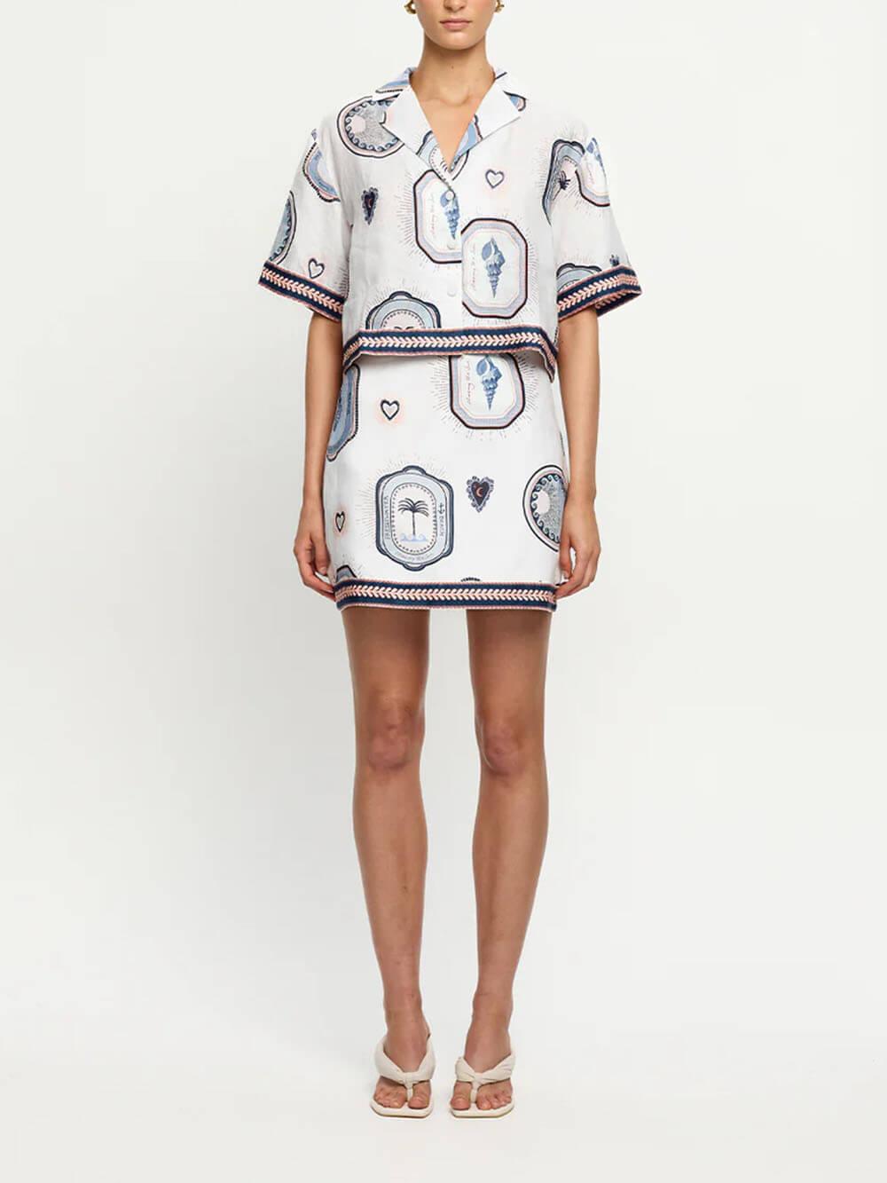 Retro Seashell Print Loose Top And A-Line Mini Skirt Set