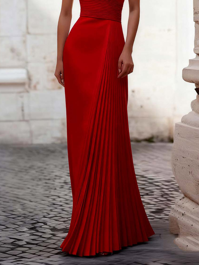 Elegant Red Halter Pleated Maxi Dress