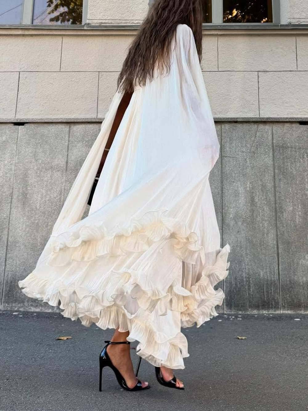 Exquisite Fashionable V-neck Lace-up Ruffled Double-layer Hem Maxi Dress