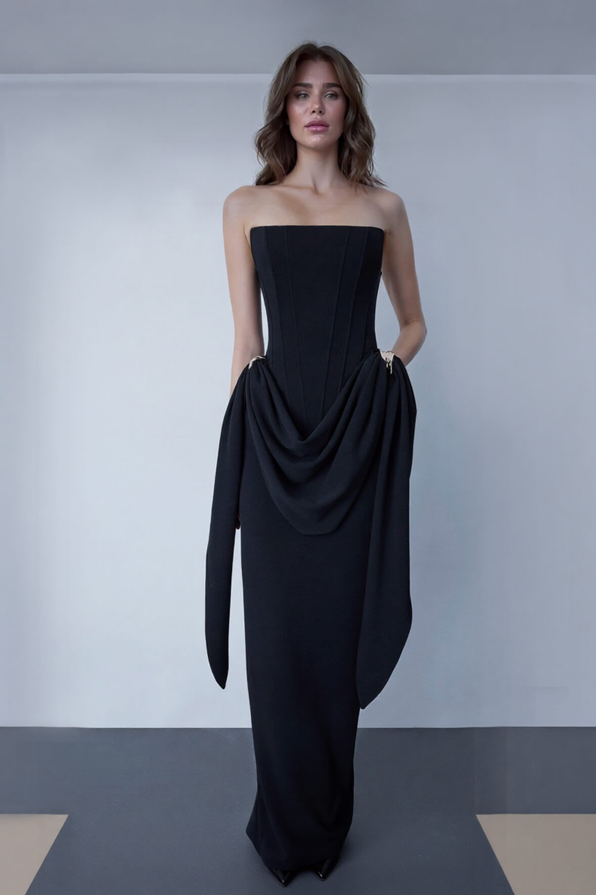 Elegant Black Strapless Ruched Metal Buckle Detail Maxi Dress
