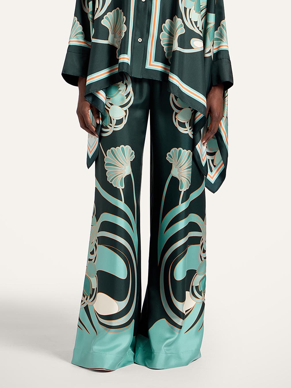 Elegant Abstract Print Satin Cape Sleeve Shirt