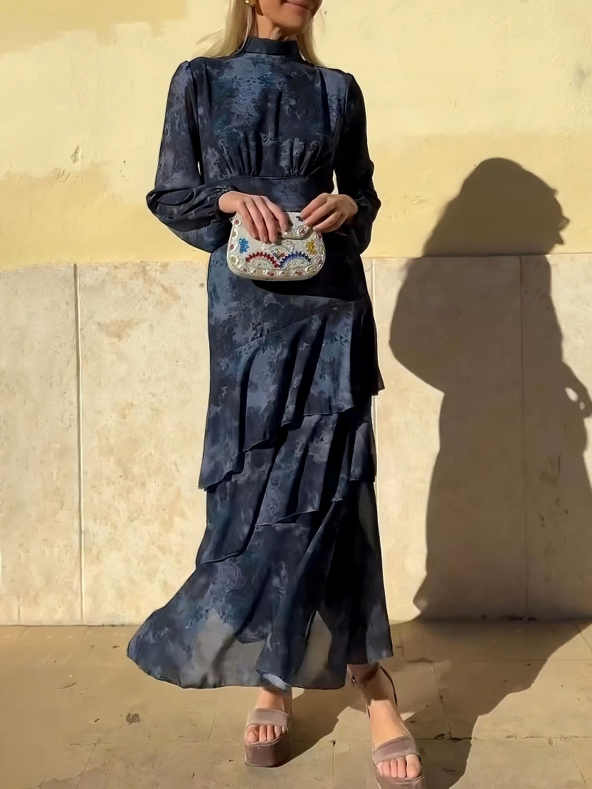 Exquisite Gradient Floral Print Layered Ruffle Maxi Dress