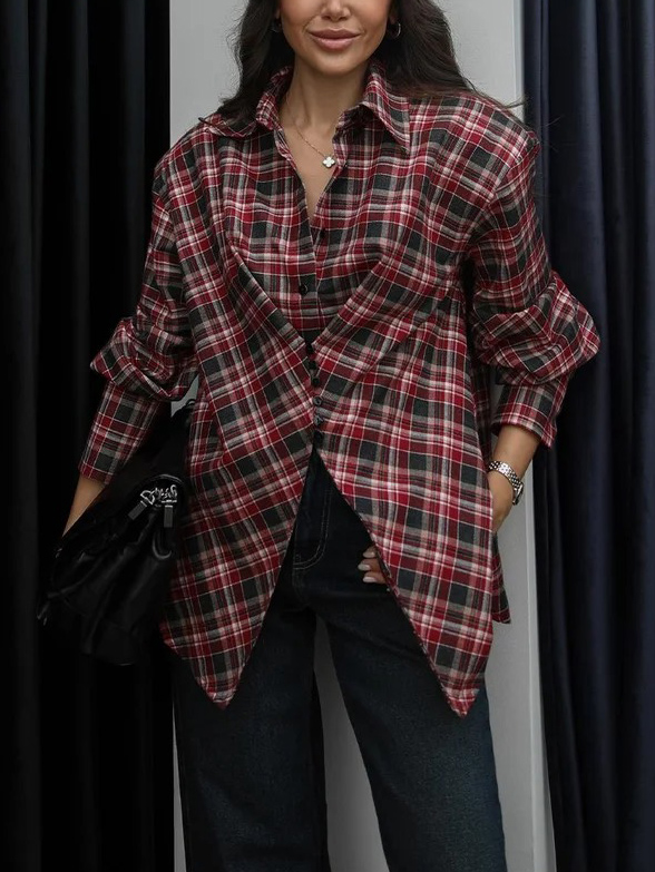 Casual Plaid Asymmetrical Padded Shoulder Shirt