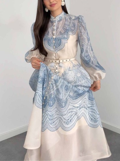 Exquisite Paisley Print Shirt A-Line Maxi Dress