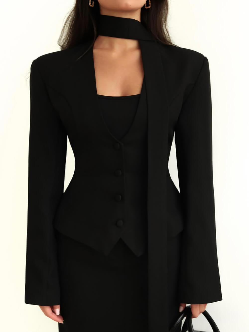 Fashion Solid Color V-Neck Scarf-Trimmed Long Sleeve Blazer