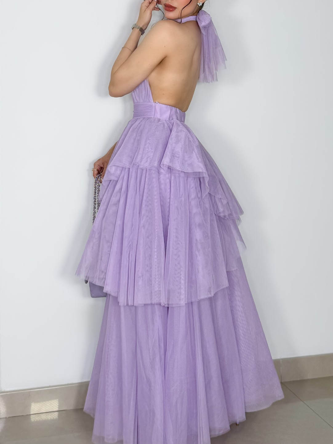 Elegant Backless Tie-Up Layered Tulle Maxi Dress