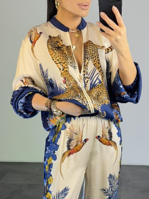 Exotic Jungle Print Zip-Up Long Sleeve Shirt