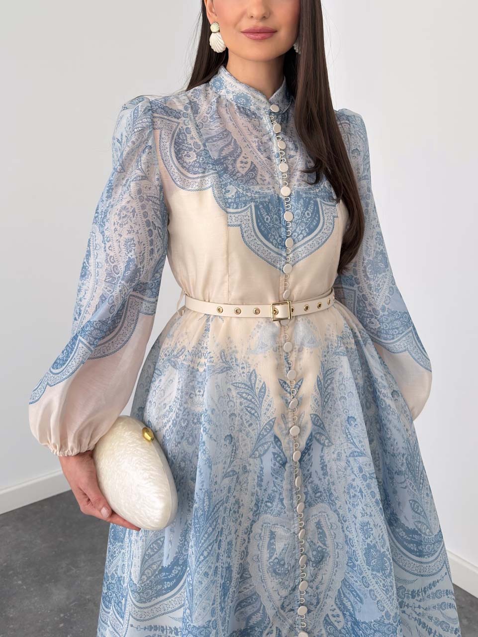 Exquisite Paisley Print Shirt A-Line Maxi Dress