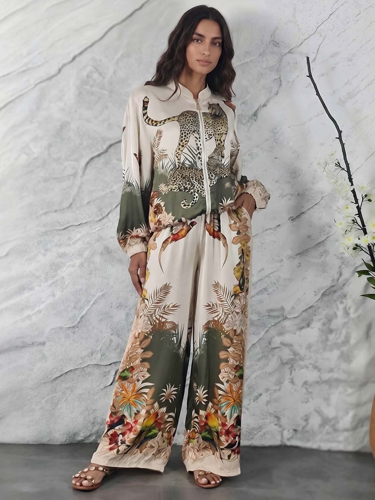 Exotic Jungle Print Zip-Up Shirt & Wide Leg Pants Set
