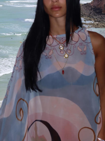 Exquisite Satin Printed Asymmetrical Batwing Loose Maxi Dress