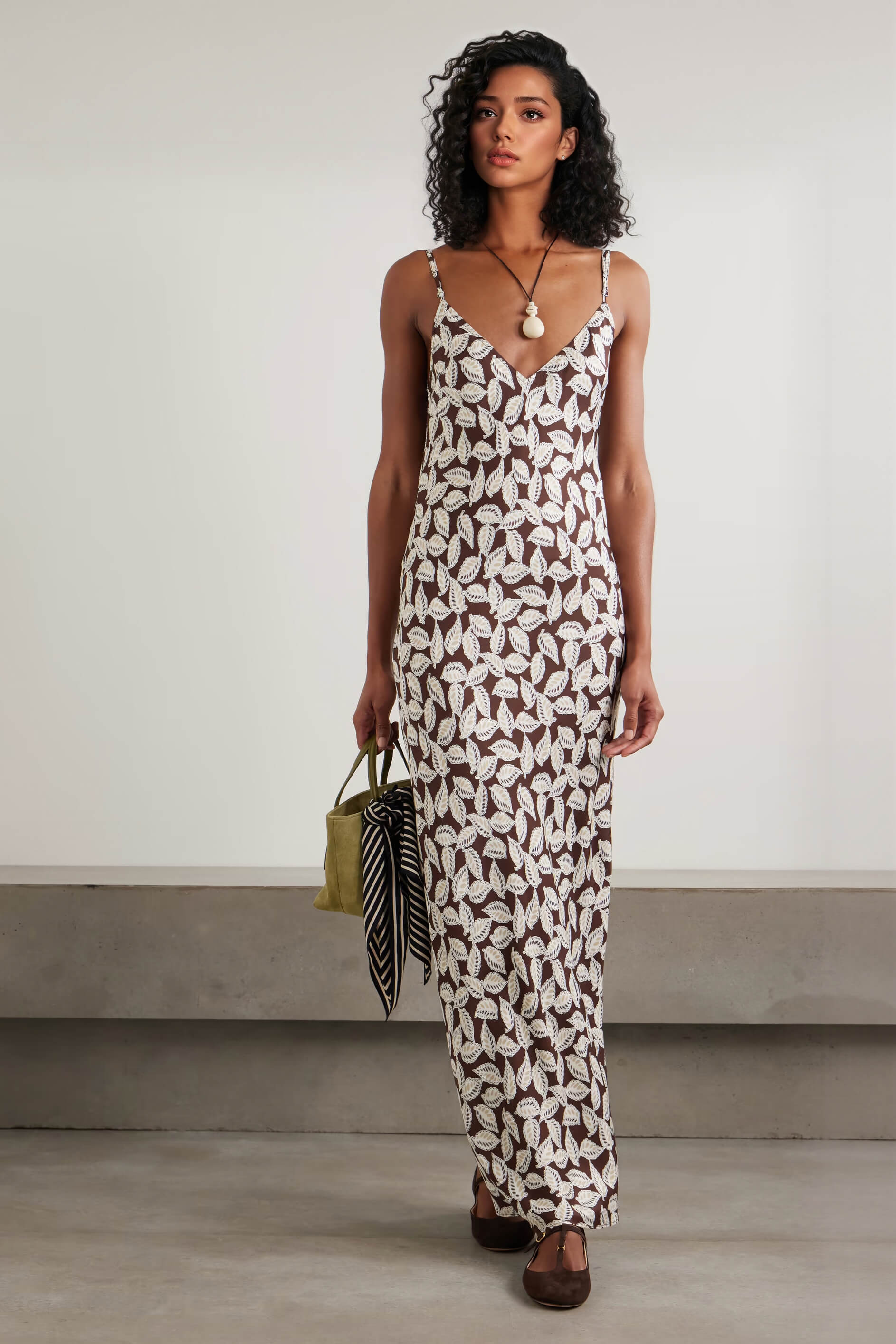 Elegant Backless Paper Birch Print Twill Maxi Dress