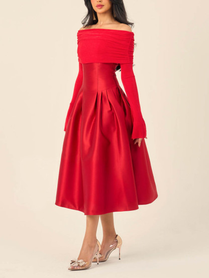 Elegant Off-Shoulder Satin Midi Dress