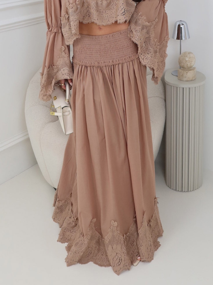 Elegant Lace Patchwork Top & High-Waist Smocked Maxi Skirt Set