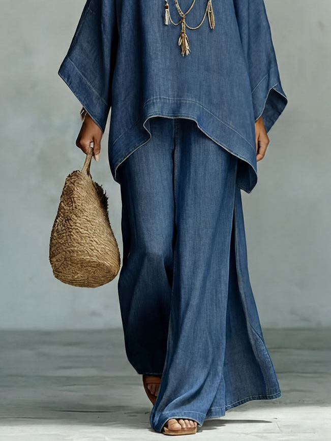 Casual Denim Batwing Asymmetrical Top & Wide Leg Pants Set