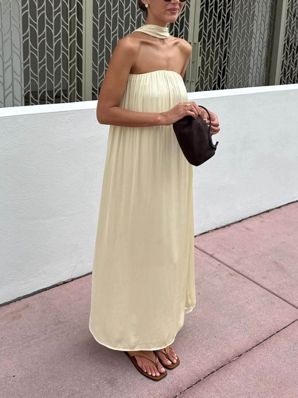 Delicate Satin Strapless Tie-Halter Maxi Dress