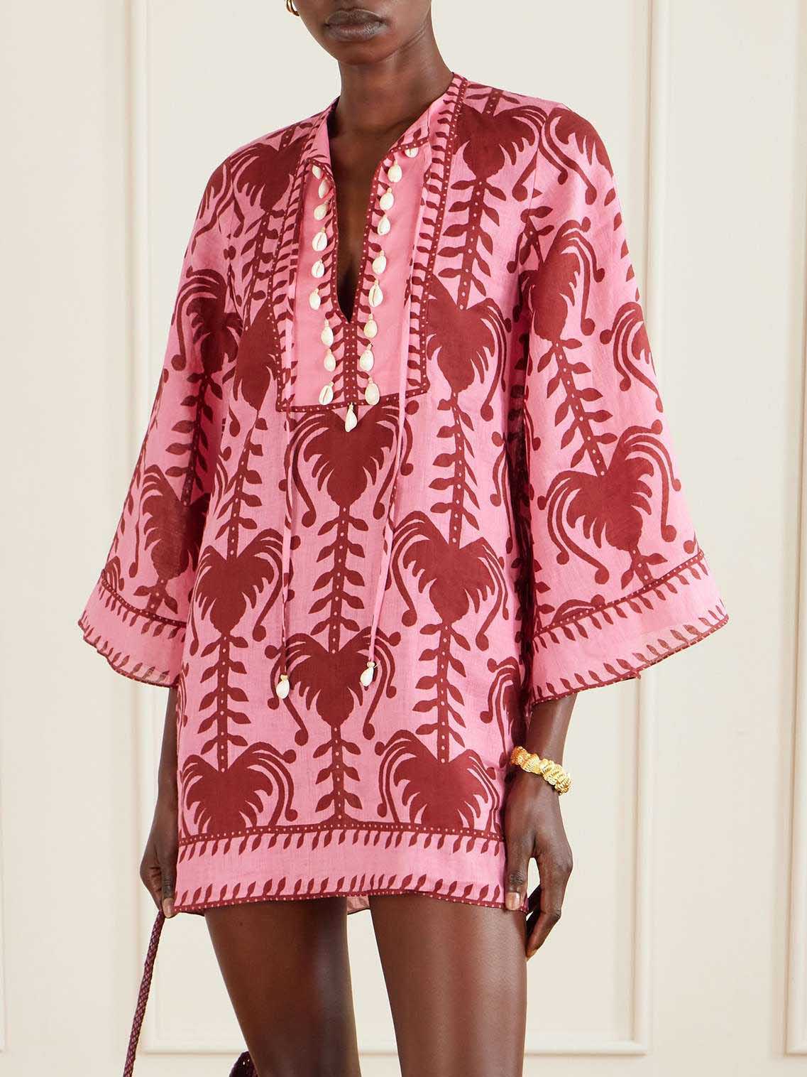 Casual Palm Tree Print Flare Sleeve Mini Dress