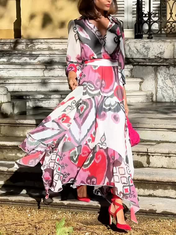Exquisite Bohemian Print Asymmetrical Hem Maxi Dress