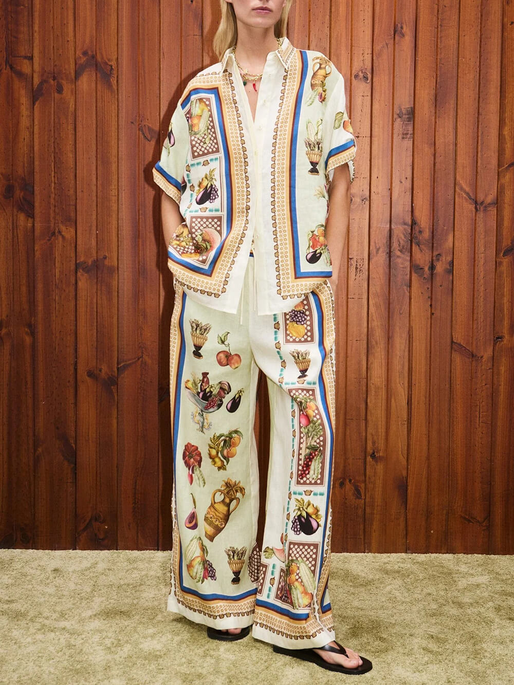 Unique Tropical Luxe Satin Fruit Print Loose Button-Up Shirt