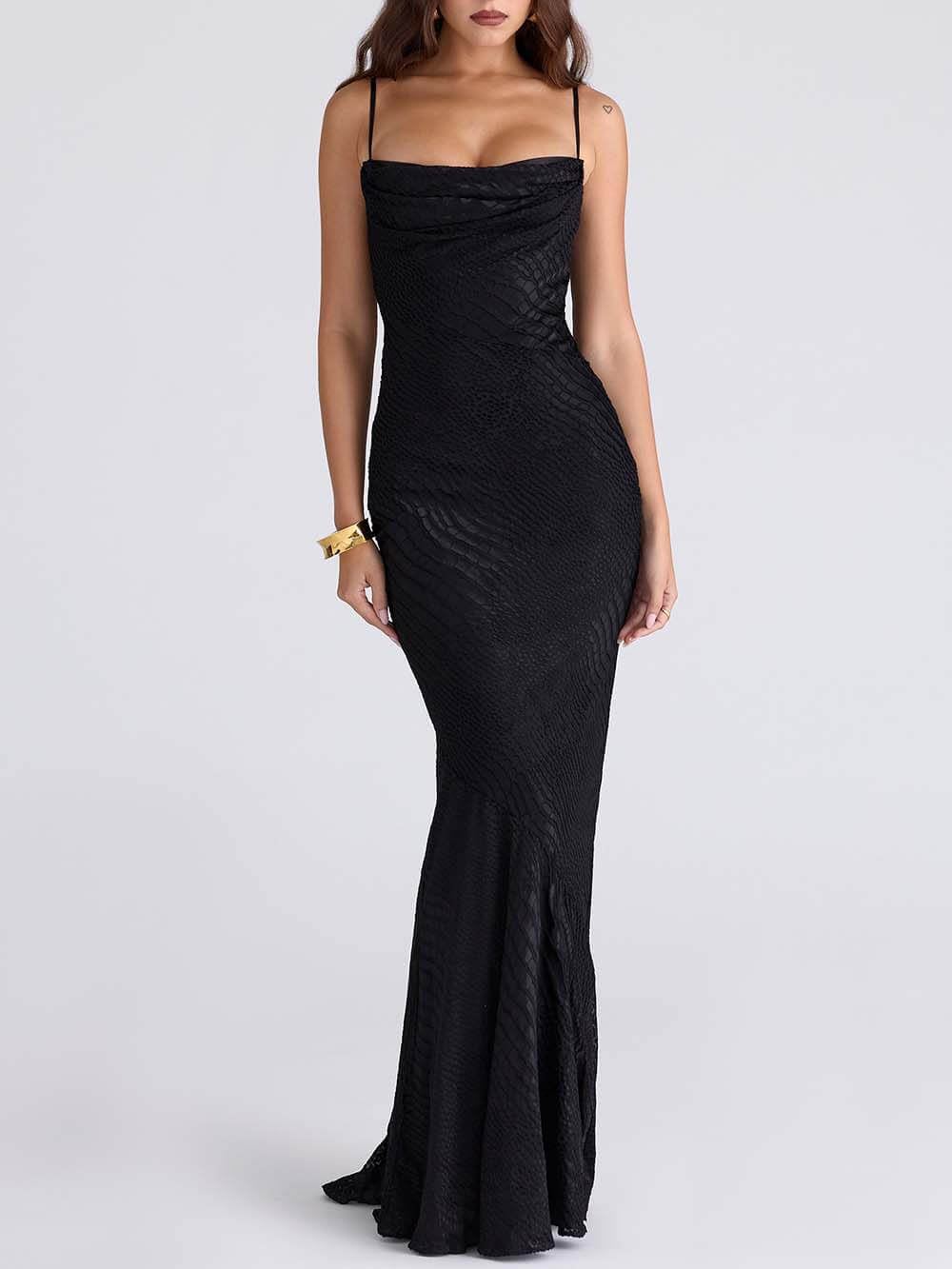 Elegant Low-Neck Burnout Satin Party Maxi Dress