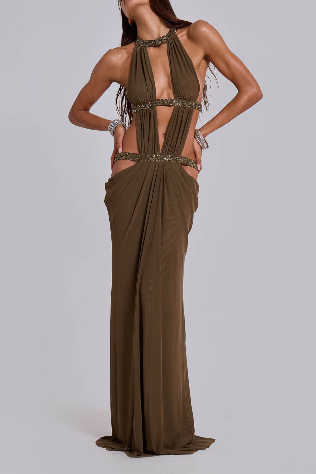 Elegant And Sexy Sequins Rhinestone Shoulder Strap Cutout Design Backless Drape Maxi Dress