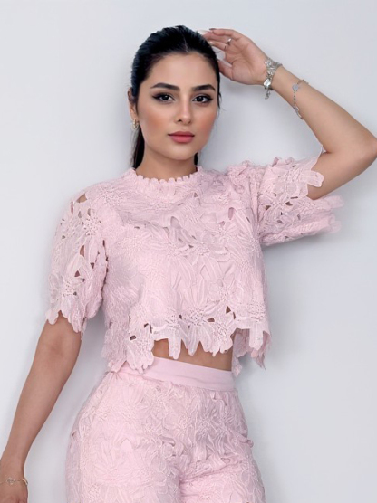 Elegant Lace Crop Top & Wide-Leg Pants Two-Piece Set