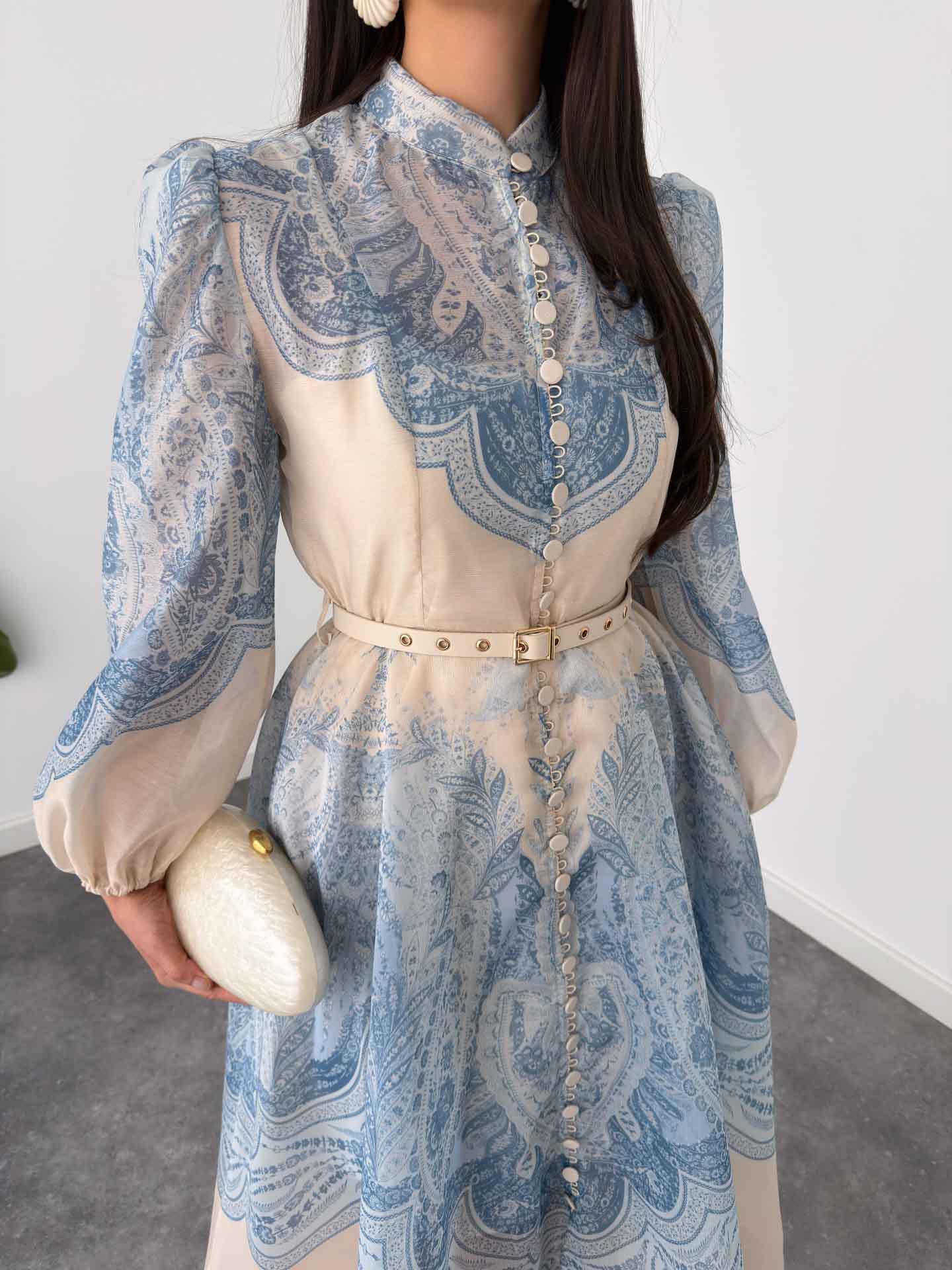 Exquisite Paisley Print Shirt A-Line Maxi Dress