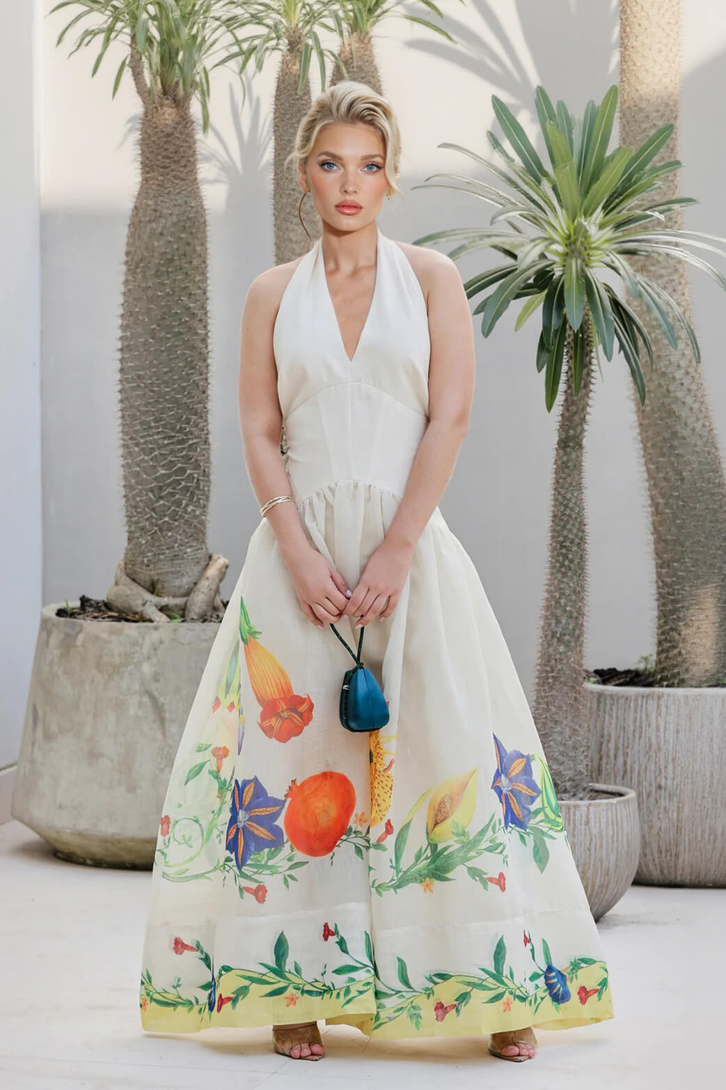 Elegant V-Neck Floral Print Halter Maxi Dress