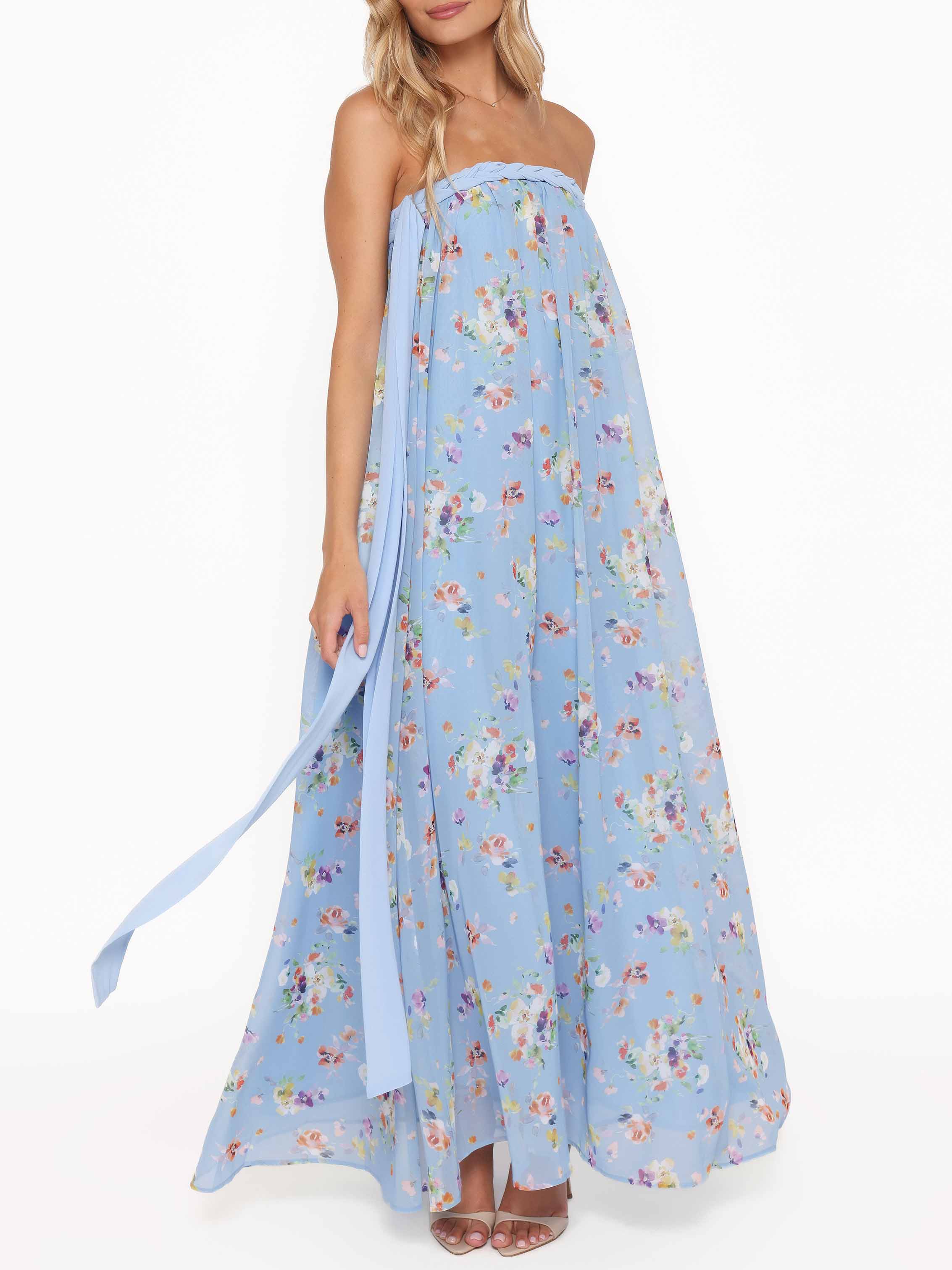 Light Blue Floral Tie Strap Maxi Dress