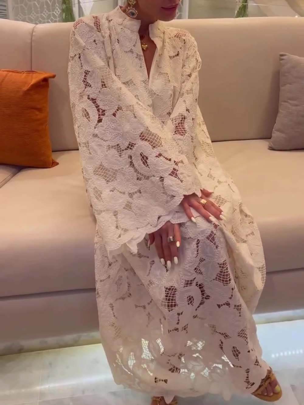 Casual White Long Sleeve Lace V-Neck Dress