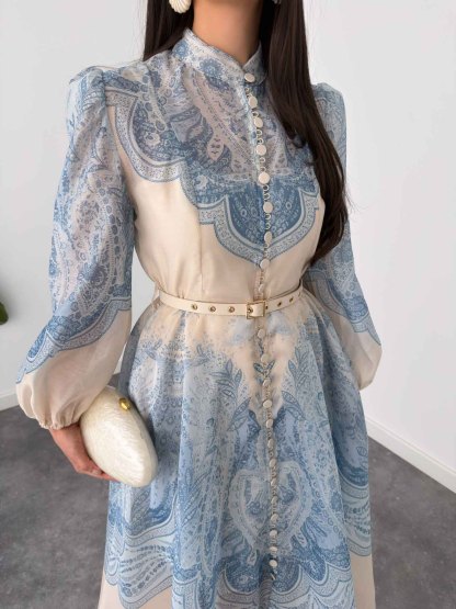 Exquisite Paisley Print Shirt A-Line Maxi Dress