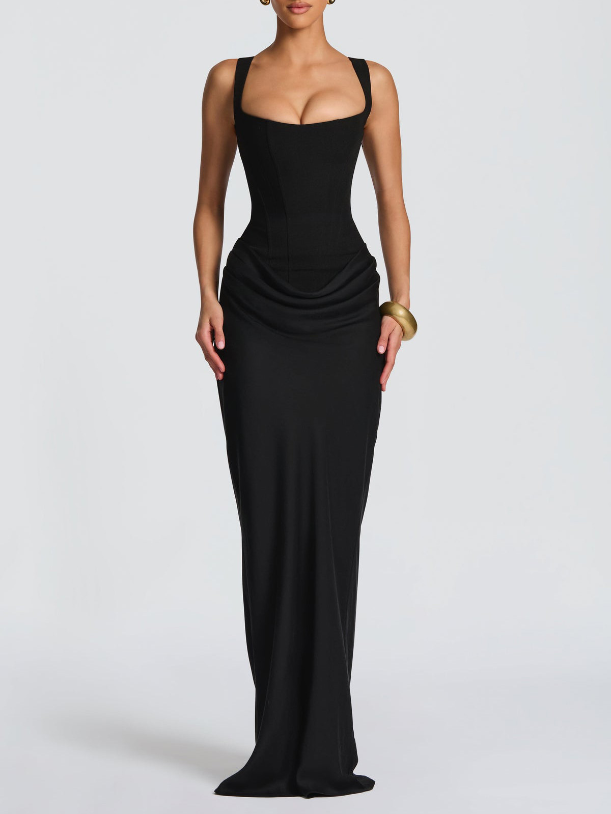 Elegant Square Neck Cinched Top & Ruched Waist Draped Maxi Dress