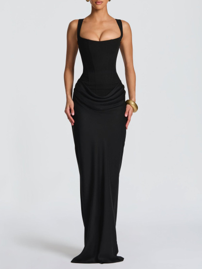 Elegant Square Neck Cinched Top & Ruched Waist Draped Maxi Dress
