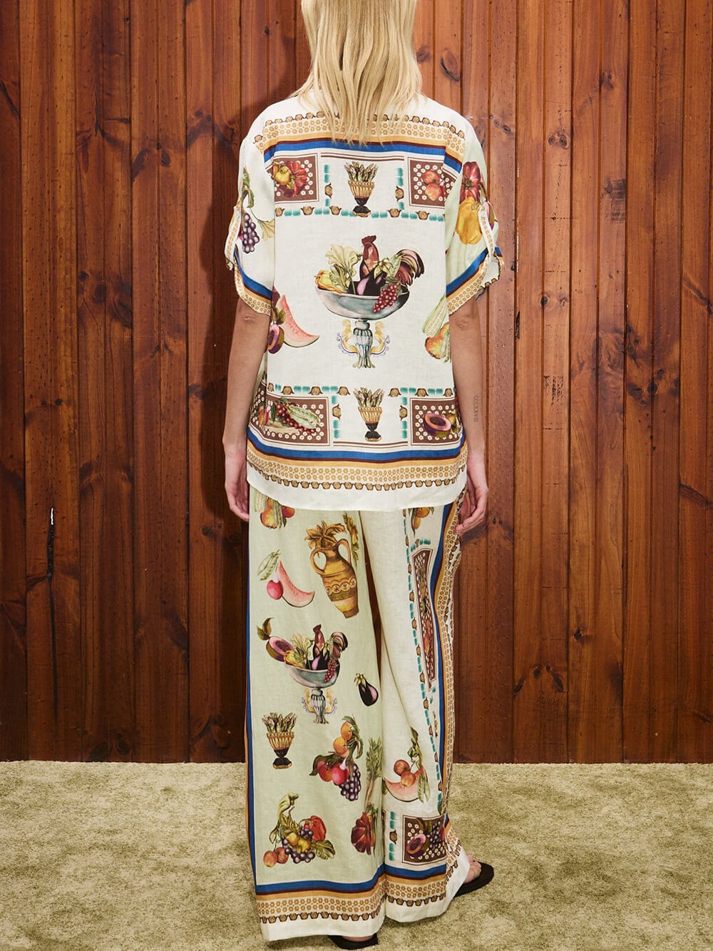 Unique Tropical Luxe Satin Fruit Print Loose Elastic Waist Wide-Leg Pants