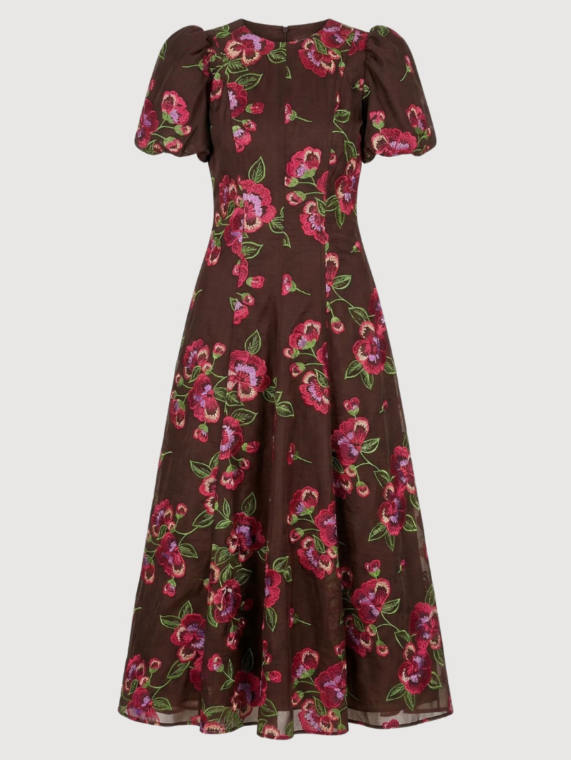 Elegant Floral Embroidered Puff Sleeve Maxi Dress