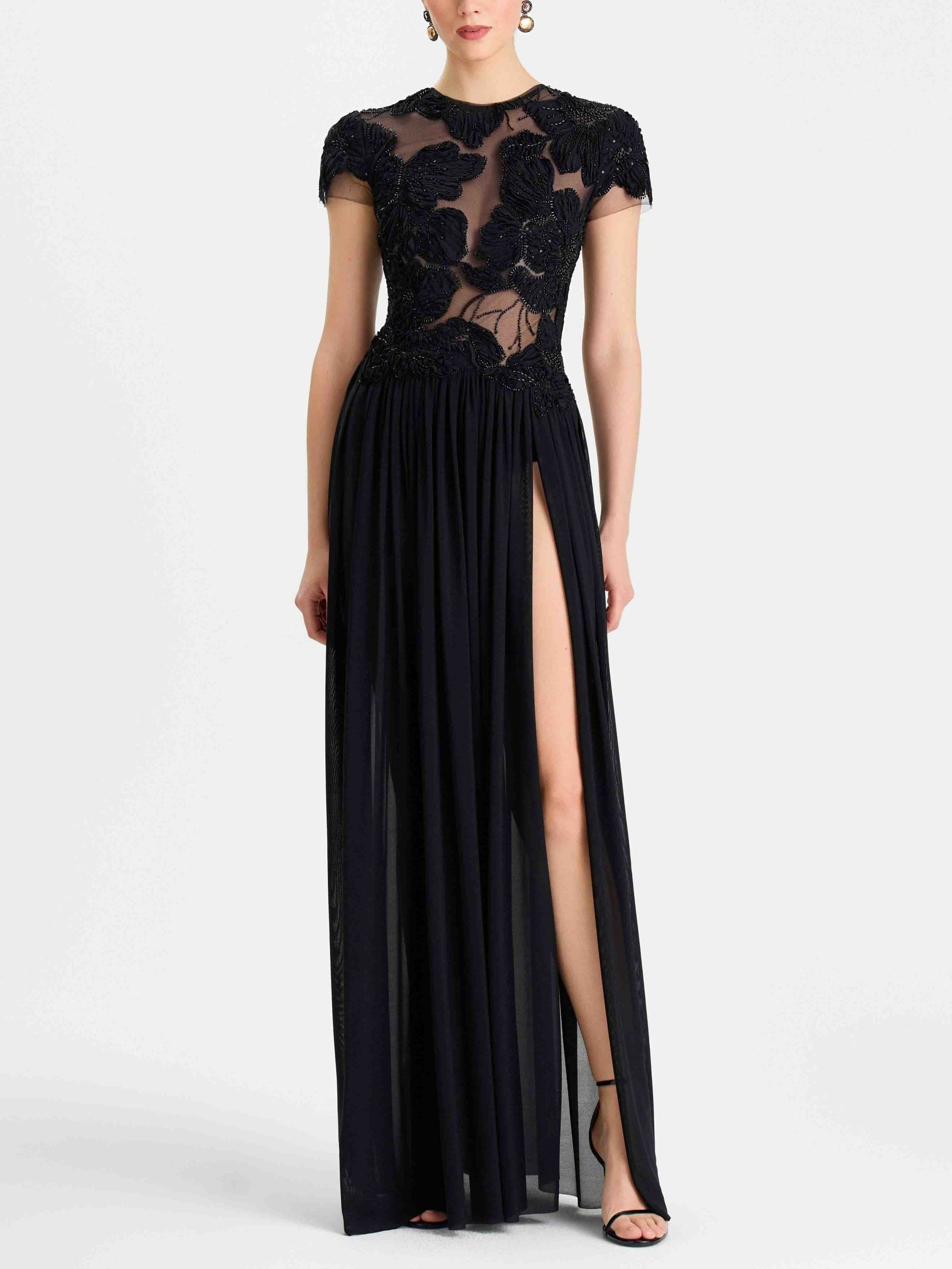 Elegant Sheer Neckline Floral Applique Evening Maxi Dress