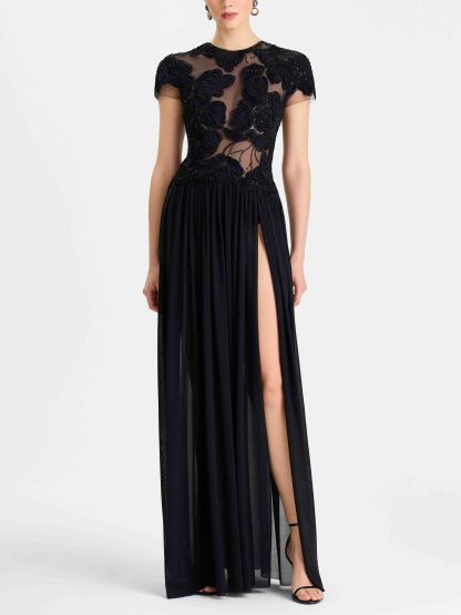 Elegant Sheer Neckline Floral Applique Evening Maxi Dress