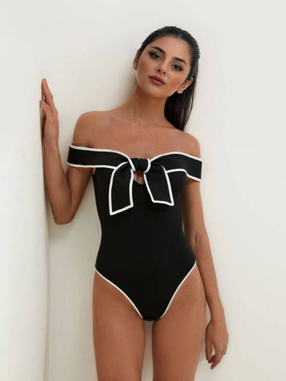 Sexy Strapless Black And White Colorblock One-Piece Swimsuit