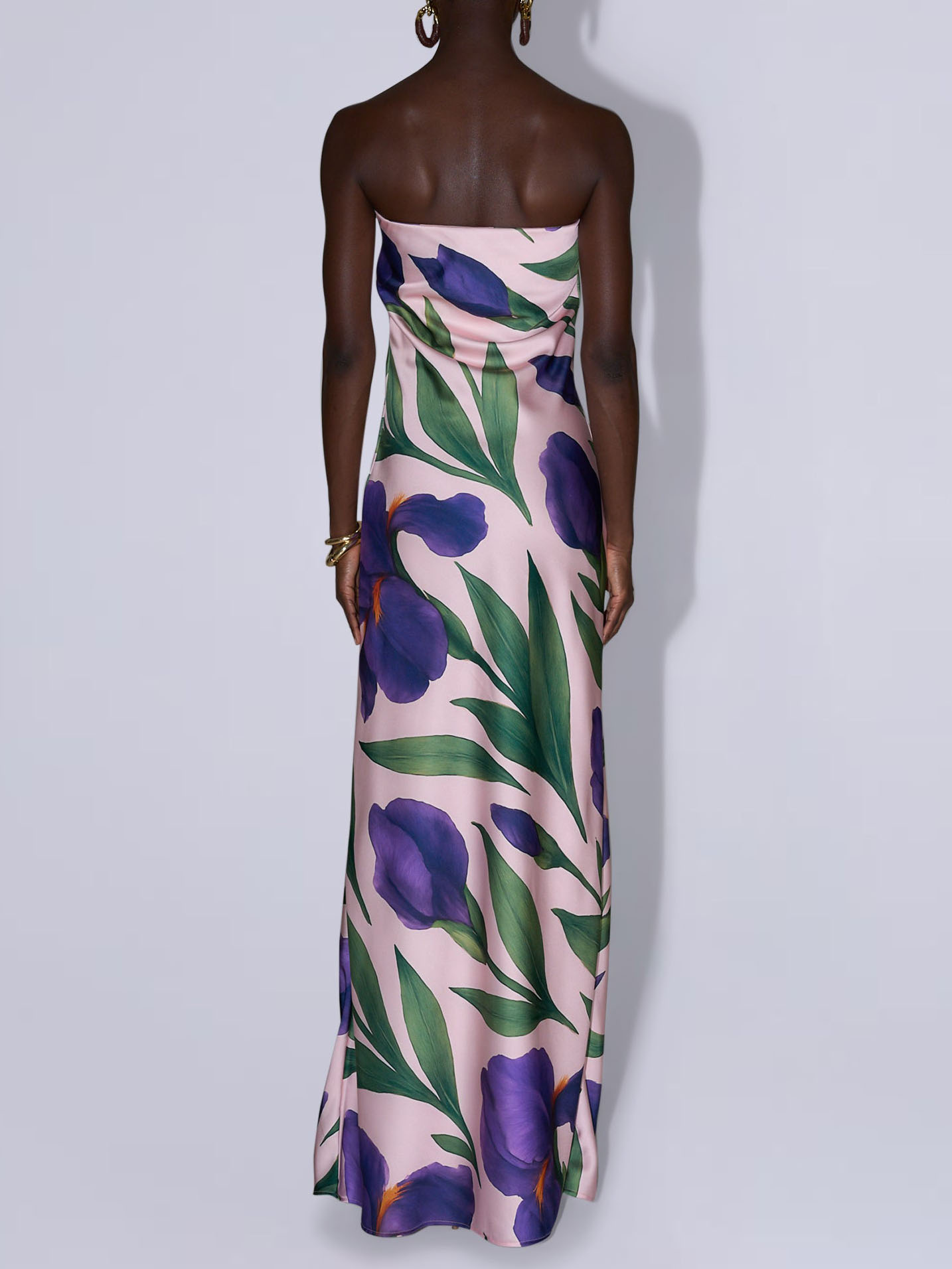 Elegant Strapless Satin Iris Floral Print Maxi Dress