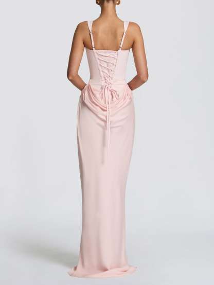 Elegant Square Neck Cinched Top & Ruched Waist Draped Maxi Dress